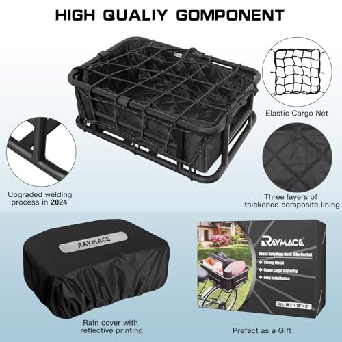 RAYMACE Rear Bike Basket with Cargo Net & Liner - 18.2x13x6 Inches