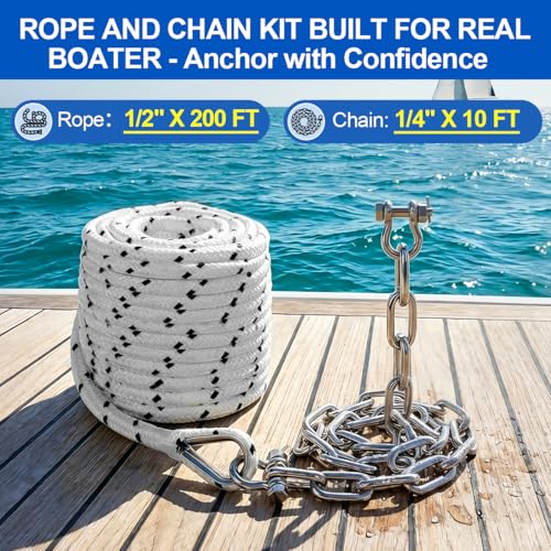 Boat Anchor Rope & Chain Kit - 1/2" x 200 ft Double Braided Nylon with 316 Stainless Steel Chain and Hardware