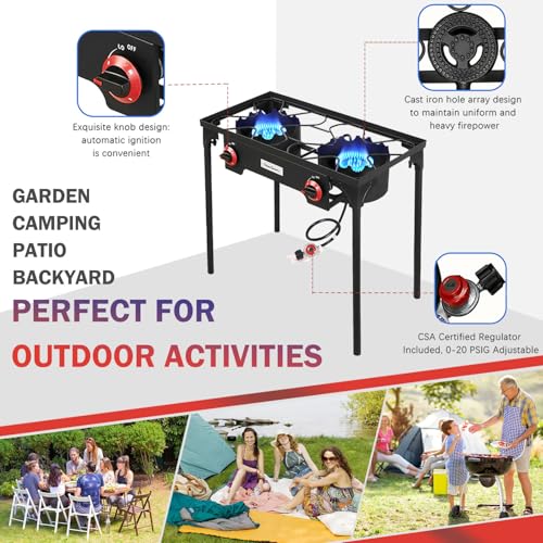Propane Grill 2 Burner Outdoor Camping Stove - Portable Gas Cooker for Backyard BBQ and Camping - Double Burner