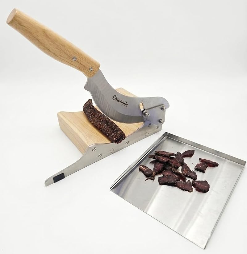 Stainless Steel Biltong Slicer with Magnetic Detachable Tray, Wooden Base