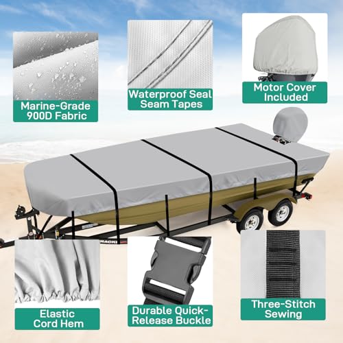 Caminor 14ft Heavy Duty Waterproof Jon Boat Cover with Motor Cover, Gray, B Fits Up to 14ft & 70" Wide