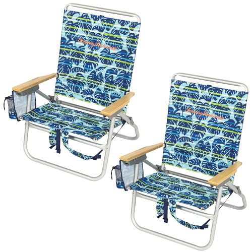 Tommy Bahama 2-Pack Blue Tropical Leaves Beach Chairs - 4-Position Reclining, Lightweight Folding with Backpack Straps