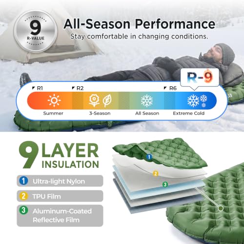 Insulated Camping Sleeping Pad 4-Inch Thick with R-Value 9 - Green, Regular
