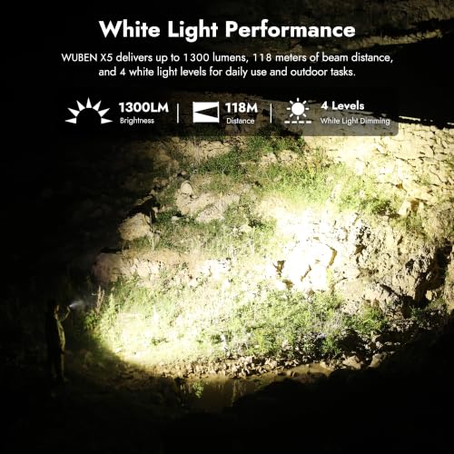 WUBEN X5 Rechargeable LED Flashlight Black, 1300 Lumens, 6 Modes, UV & Green Light