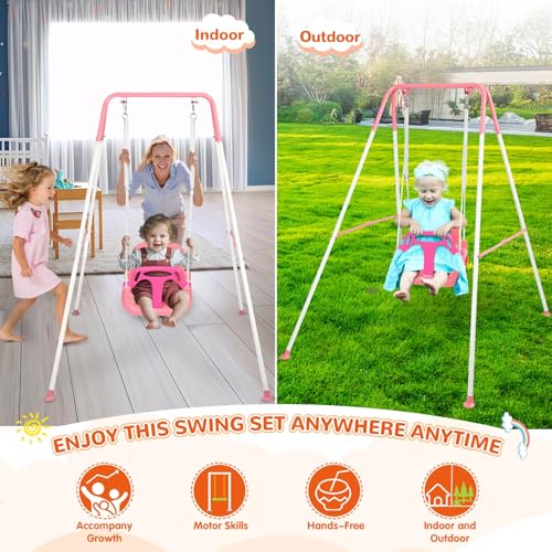 Pink 3-in-1 Toddler Swing Set for Indoor & Outdoor Use, Heavy Duty Baby Swing