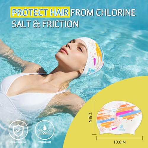OMID Multi-Color Streak Silicone Swim Cap for Long & Thick Hair - Extra Large Pool & Beach