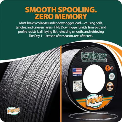 FINS Downrigger Braided Fishing Line 250lb 200 Yards - USA Made, Replaces Steel Cable