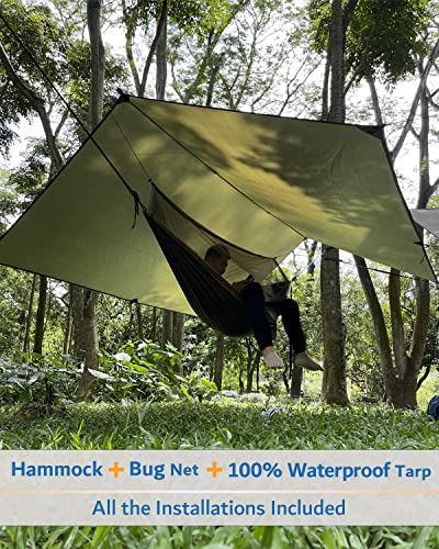 Sunyear Double Camping Hammock with Rain Fly Tarp and Net - Green Bundle 78"W x 118"L