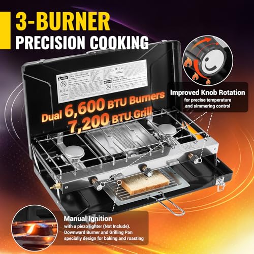 Black 3-Burner Portable Camping Stove - 20400BTU Propane Outdoor Cooker