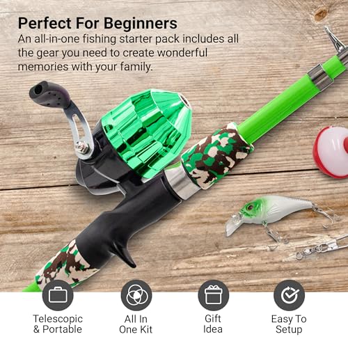 Kids Telescopic Fishing Pole Set - Green, 1.5m, Portable Tackle Kit for Ages 5-10