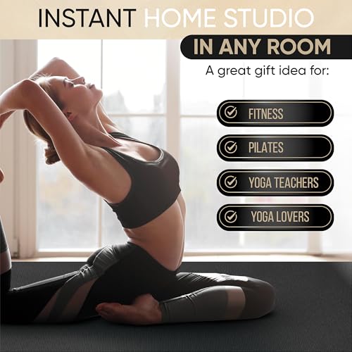 Onyx Black Yoga Mat with Gray Towel, Straps & Carry Bag - 7' x 5' 8mm Non-Slip Exercise Mat