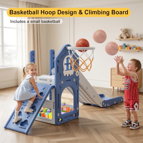 BIERUM 6-in-1 Toddler Climber & Slide Playset - Blue & Gray, Safe Indoor Outdoor Toy