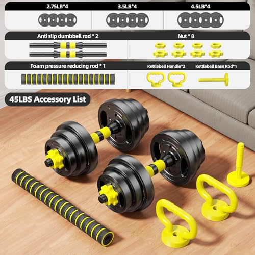 Yellow 45lbs Adjustable Dumbbell Set 4-in-1 Home Gym Weights for Men & Women