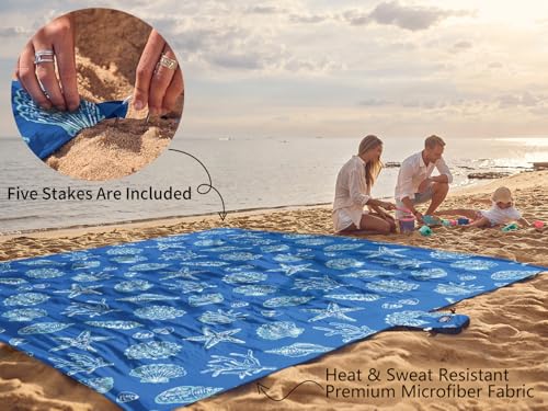 Oversized Waterproof Sandproof Beach Blanket with Stakes & Pockets - Blue Sea Shells, 9x8 ft