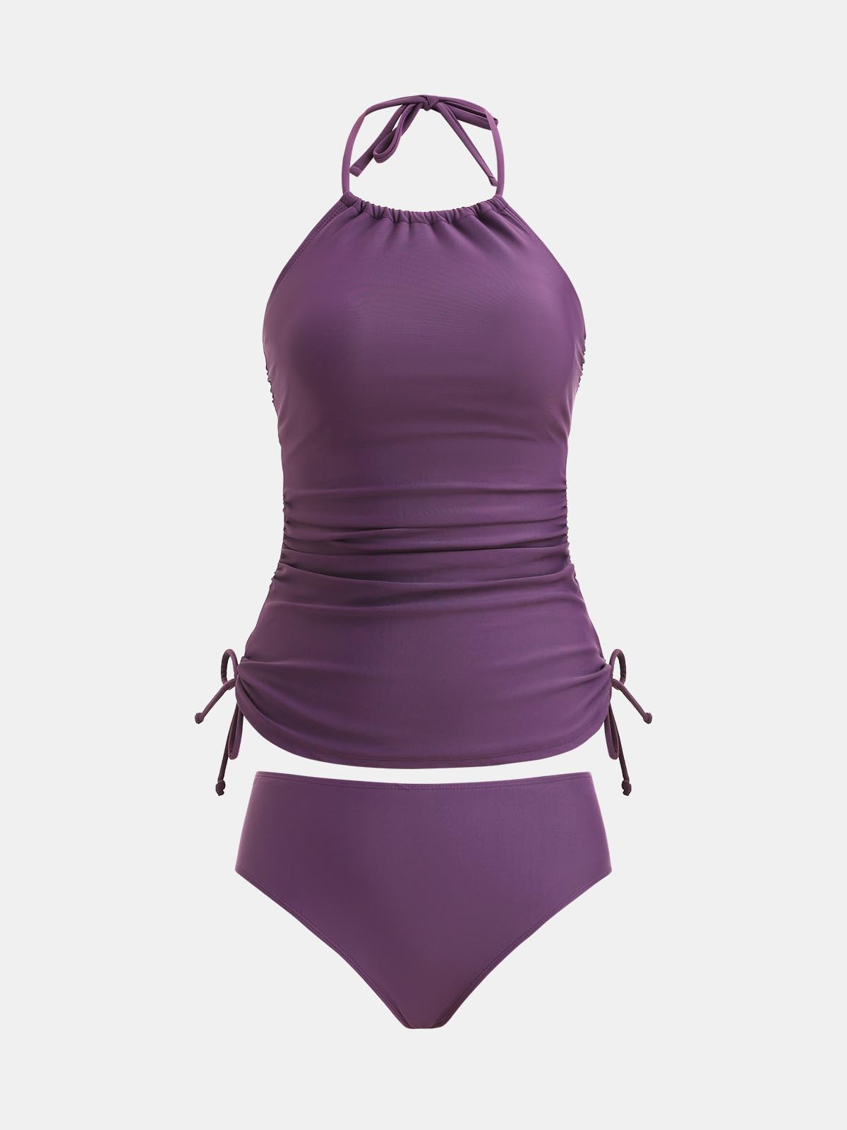 CUPSHE Women's Tankini Sets Two Piece Swimsuit High Neck Halter Mid Rise Adjustable Drawstrings, M Deep Plum