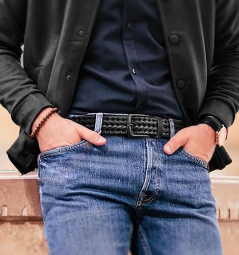 Black Braided Leather Belt for Men 1 3/8 Inch Holeless Golf Belt - Adjustable Waist 32-36 in Gift Boxed