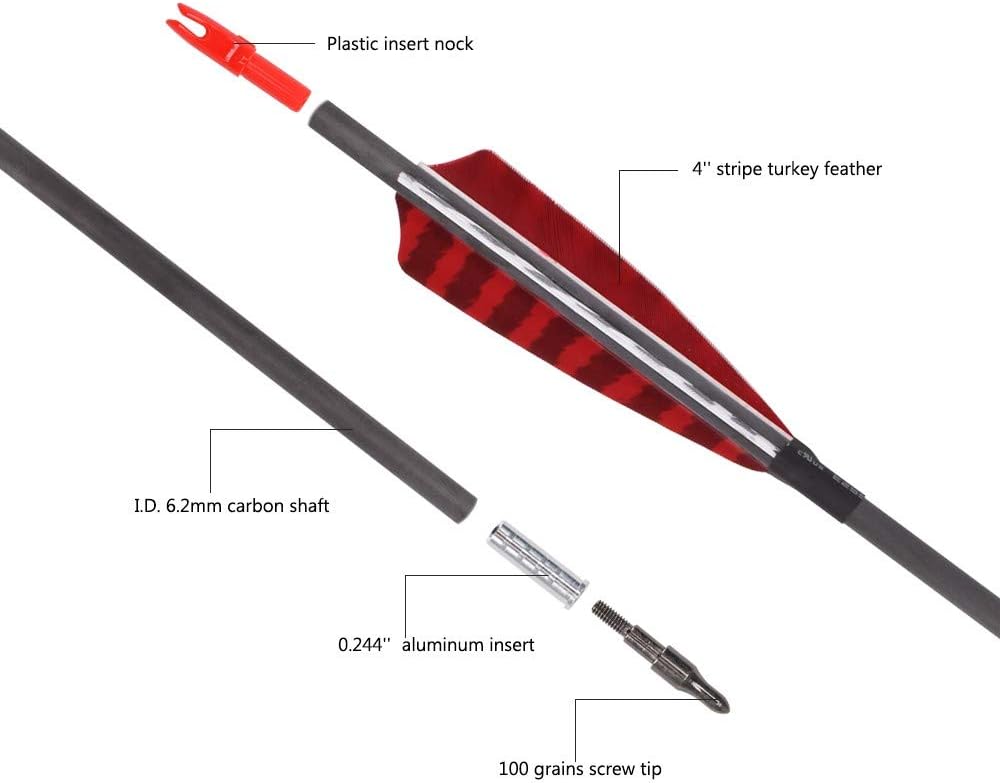 Pure Carbon Arrows - 30 Inch Turkey Feather Fletching | 600/700 Spine for Traditional & Compound Bows