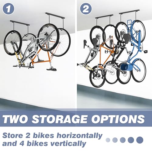 Ceiling Bike Rack for Garage - Holds 2 Bikes, Space Saving Ceiling Storage