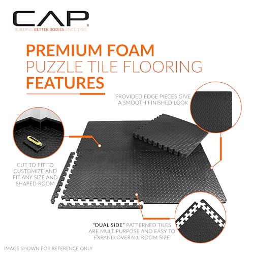 CAP Diamond Black Interlocking Foam Gym Floor Tiles - 24 Pack, 3/4" Thick EVA Mats