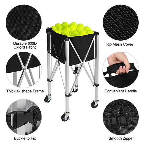 Silver Aluminum Portable Tennis Ball Hopper with 180 Capacity & 4 Wheels - Detachable Oxford Bag, Black
