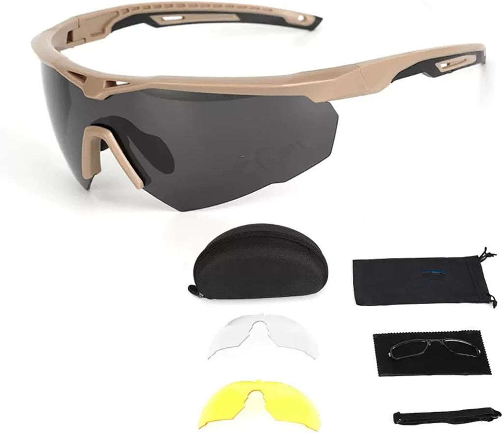 Skiennix Tactical Eyewear - Anti-Fog Shooting Glasses with 3 Interchangeable Lenses | Black & Khaki Frames