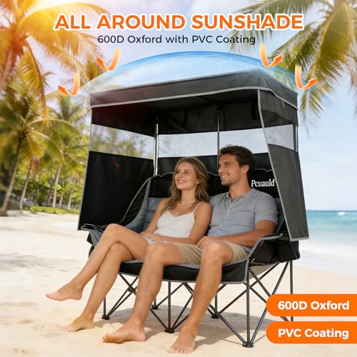 Grey Double Camping Chair with Canopy - Heavy Duty 2 Person Folding Loveseat with Shade & Cup Holders