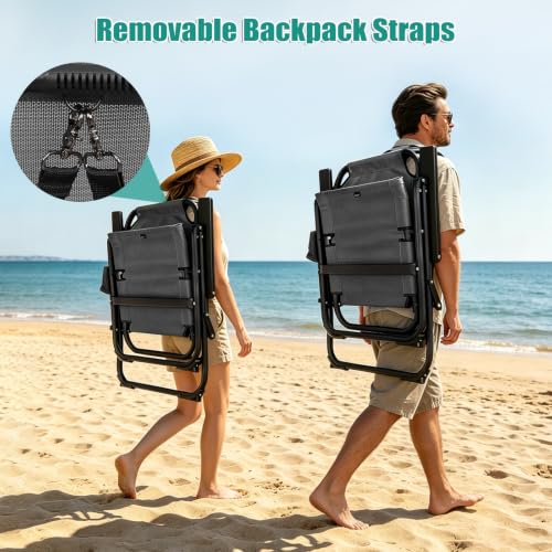 Romswi Heavy Duty Folding Beach Chair Grey 16-inch Seat Aluminum Frame Portable