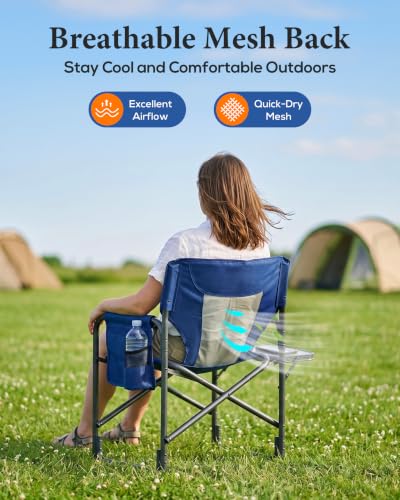 Heavy Duty Camping Folding Chair with Side Table 400lbs Support - Blue