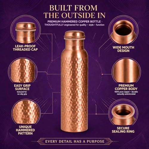 Hammer Copper Water Bottle 34 oz - Handmade Pure Copper Leak-Proof Drinking Vessel