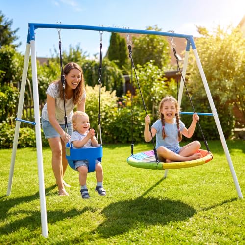 Trekassy Backyard Swing Set with Saucer & Toddler Swing, Heavy-Duty A-Frame, Supports 440lbs