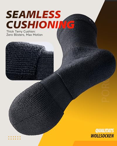 X-Large Merino Wool Hiking Socks - 3 Pairs Black Seamless Toe Cushion