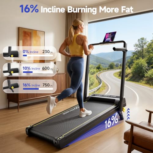 YPOO Foldable Walking Pad Incline with Handle Bar - Dark Black, 16% Incline, Quiet Treadmill for Home Exercise