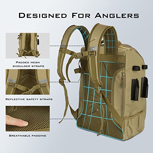 Large 40L Water-Resistant Fishing Tackle Backpack with Rod Holder and 4 Boxes - Khaki