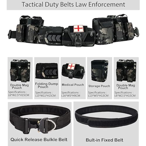 Tactical Battle Belt with Quick Release and Accessories Pouches - Black 7-in-1 Belt for Men