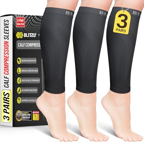 Calf Compression Sleeves for Running & Swelling Relief - Black Small-Medium - 3 Pairs