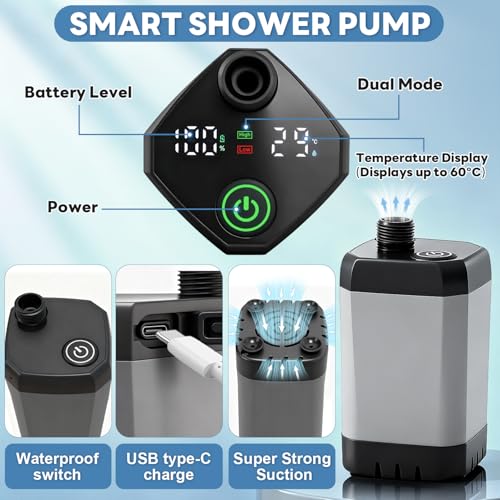 Black Portable Camping Shower with Heater 1500W, 3 Spray Modes & Rechargeable Pump
