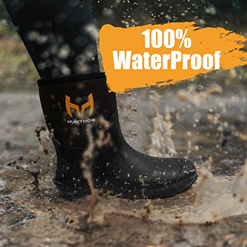 Hunthor Men's Rubber Work Boots with Steel Shank Black - 6mm Neoprene Insulated Waterproof Rain Boots for Hunting Gardening Farming Fishing - Mid Calf