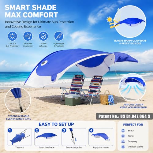 Blue Whale-Shaped Beach Sun Shade Canopy - Family UV Protection Tent