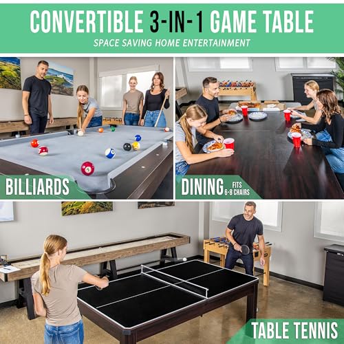 7 ft Dark Oak 3-in-1 Pool, Dining & Table Tennis Combo Table with Accessories