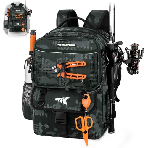 KastKing BaitSpace 50L Fishing Backpack with 4 Tackle Boxes, 2 Rod Holders - Black Camo
