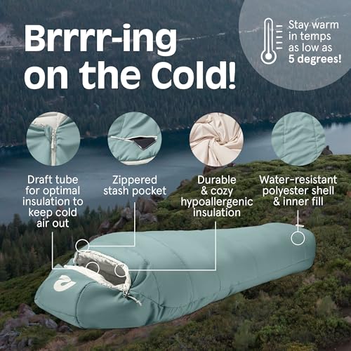 Dream Mummy Sleeping Bag - 5°F Cold Weather Camping & Travel Essential with Water-Resistant Shell & Synthetic Fill - Sprucestone / 5F Regular