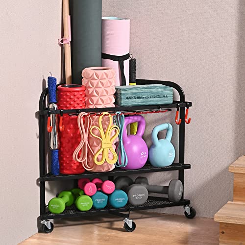 Home Gym Storage Rack with Wheels for Dumbbells & Yoga Mats, Black