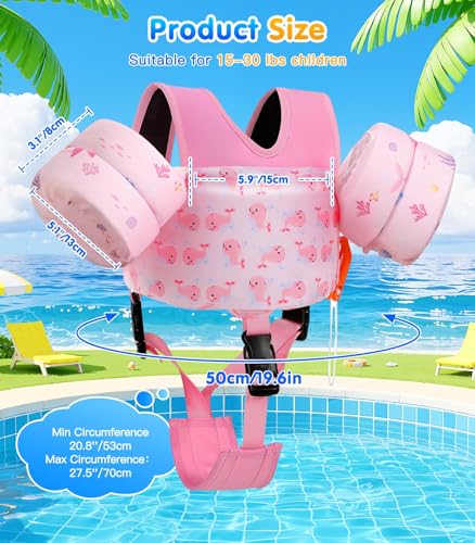 Toddler Swim Vest for Kids 15-30 lbs Pink Whale Cartoon Water Floaties with Crotch Strap