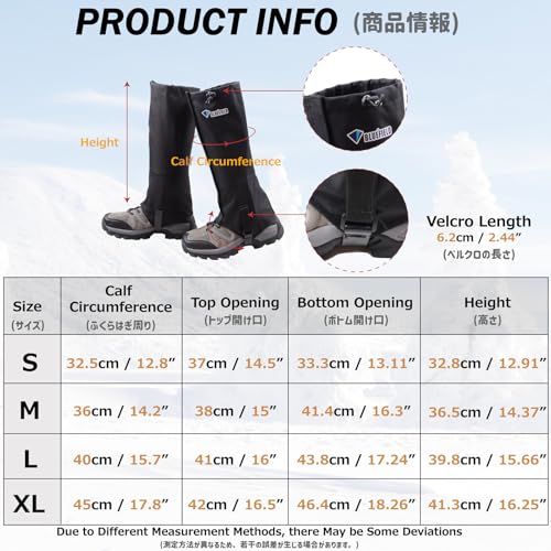 Waterproof Hiking Gaiters for Men Women Ankle Leg Cover Snow Trail Gear - Black Medium
