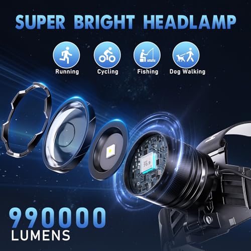 Rechargeable LED Headlamp 2 Pack - Super Bright, 5 Modes, Zoomable, Waterproof, Black