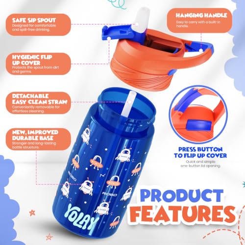 Kids Water Bottle with Straw 15 oz - Robo Design, Durable & Leak-Proof