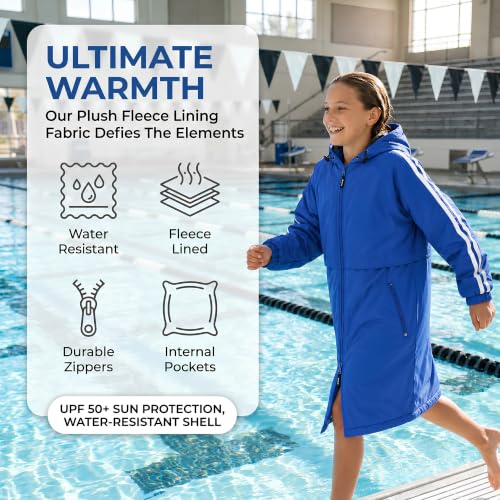 Sporti Youth Swim Parka with Striped Plush Fleece Lining - Royal Blue/Charcoal, Small