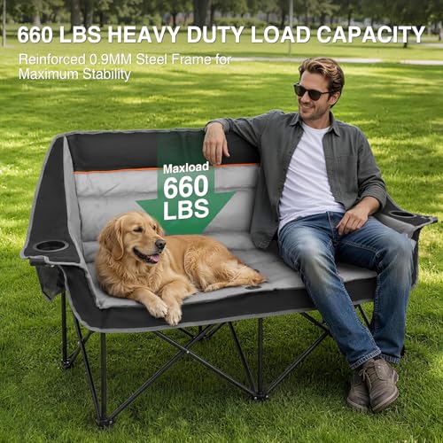 HOPERAN Double Camping Chair 660lb Oversized Folding Loveseat Black Grey