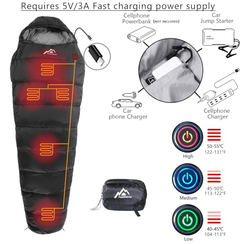 Mantuole Mummy-Black-Type C Heated Sleeping Bag with 5 USB Heating Pads