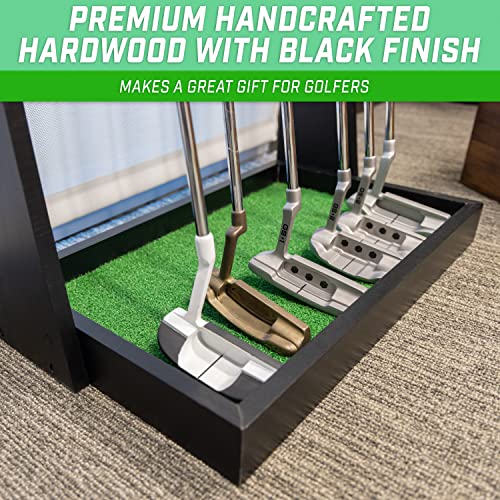 Black Wooden Golf Putter Stand - Indoor Display Rack Holds 6 Clubs